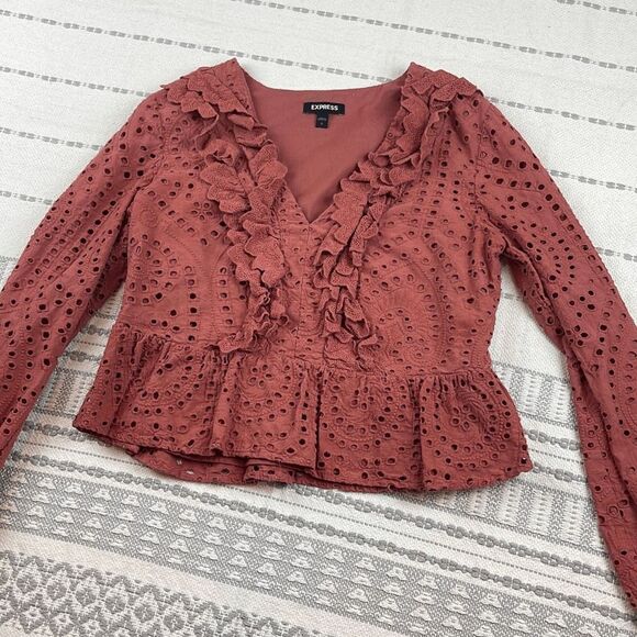 Express Blouse Womens Small Long Sleeve Ruffle V Neck Peplum Eyelet Top Pink - Picture 7 of 13